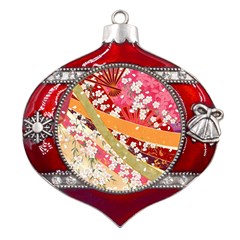 Japanese Kimono Pattern Metal Snowflake And Bell Red Ornament