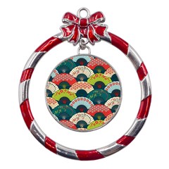 Japanese Fans Bright Pattern Metal Red Ribbon Round Ornament by Cowasu