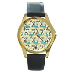 Flora Nature Color Japanese Patterns Round Gold Metal Watch by Cowasu