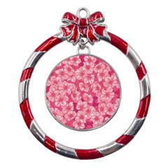 Cute Pink Sakura Flower Pattern Metal Red Ribbon Round Ornament by Cowasu