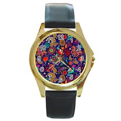 Pattern Colorful Bird Leaf Flower Round Gold Metal Watch by Cowasu