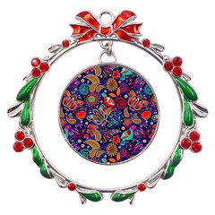 Pattern Colorful Bird Leaf Flower Metal X mas Wreath Ribbon Ornament by Cowasu