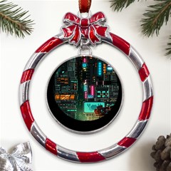 Video Game Pixel Art Metal Red Ribbon Round Ornament