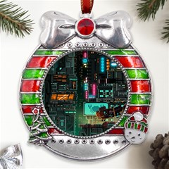 Video Game Pixel Art Metal X mas Ribbon With Red Crystal Round Ornament