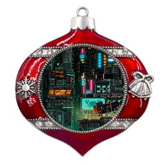 Video Game Pixel Art Metal Snowflake And Bell Red Ornament