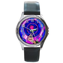 Stained Glass Rose Round Metal Watch by Cowasu