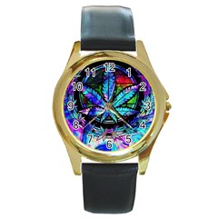 Cannabis Psychedelic Round Gold Metal Watch by Cowasu