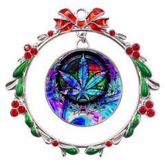 Cannabis Psychedelic Metal X mas Wreath Ribbon Ornament