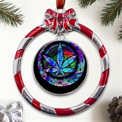 Cannabis Psychedelic Metal Red Ribbon Round Ornament