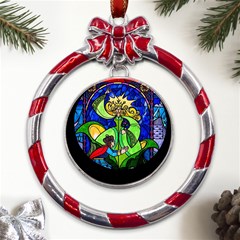 Beauty Stained Glass Rose Metal Red Ribbon Round Ornament by Cowasu