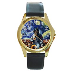 Starry Surreal Psychedelic Astronaut Space Round Gold Metal Watch by Cowasu