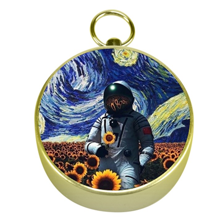 Starry Surreal Psychedelic Astronaut Space Gold Compasses