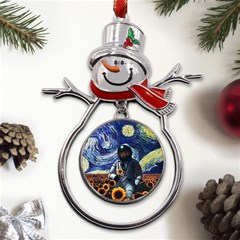 Starry Surreal Psychedelic Astronaut Space Metal Snowman Ornament by Cowasu