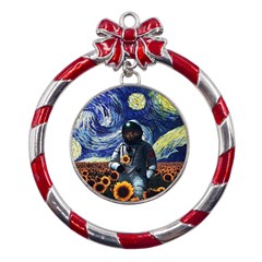 Starry Surreal Psychedelic Astronaut Space Metal Red Ribbon Round Ornament by Cowasu