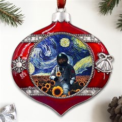 Starry Surreal Psychedelic Astronaut Space Metal Snowflake And Bell Red Ornament by Cowasu