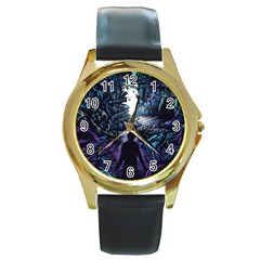 Horror Psychedelic Art Round Gold Metal Watch by Cowasu