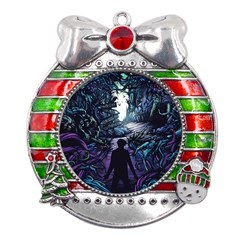 Horror Psychedelic Art Metal X mas Ribbon With Red Crystal Round Ornament