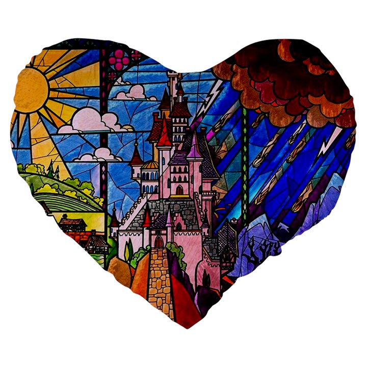 Beauty Stained Glass Castle Building Large 19  Premium Flano Heart Shape Cushions