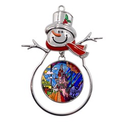 Beauty Stained Glass Castle Building Metal Snowman Ornament by Cowasu