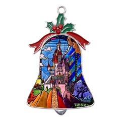 Beauty Stained Glass Castle Building Metal Holly Leaf Bell Ornament by Cowasu