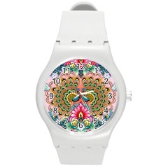 Pink Peacock Bird Pattern Texture Round Plastic Sport Watch (m) by Cowasu