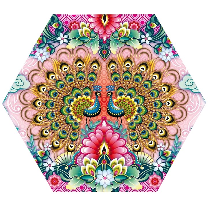 Pink Peacock Bird Pattern Texture Wooden Puzzle Hexagon