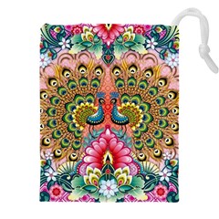 Pink Peacock Bird Pattern Texture Drawstring Pouch (5xl) by Cowasu