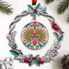 Pink Peacock Bird Pattern Texture Metal X mas Wreath Holly Leaf Ornament