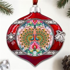 Pink Peacock Bird Pattern Texture Metal Snowflake And Bell Red Ornament