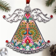 Pink Peacock Bird Pattern Texture Metal Angel With Crystal Ornament