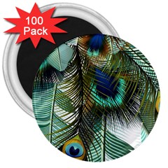 Peacock Feathers Feather Blue Green 3  Magnets (100 Pack) by Cowasu