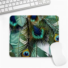 Peacock Feathers Feather Blue Green Large Mousepad by Cowasu