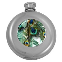 Peacock Feathers Feather Blue Green Round Hip Flask (5 Oz) by Cowasu