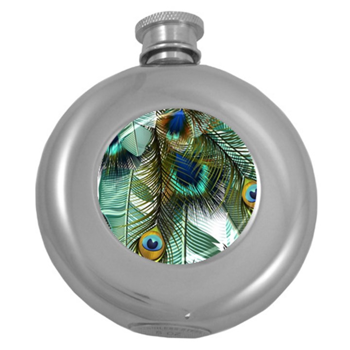 Peacock Feathers Feather Blue Green Round Hip Flask (5 oz)