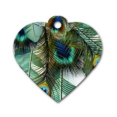 Peacock Feathers Feather Blue Green Dog Tag Heart (two Sides) by Cowasu