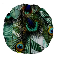 Peacock Feathers Feather Blue Green Large 18  Premium Flano Round Cushions by Cowasu