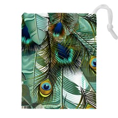 Peacock Feathers Feather Blue Green Drawstring Pouch (5xl) by Cowasu