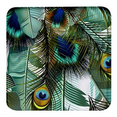 Peacock Feathers Feather Blue Green Square Glass Fridge Magnet (4 Pack)