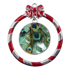 Peacock Feathers Feather Blue Green Metal Red Ribbon Round Ornament