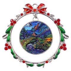 Psychedelic Landscape Metal X mas Wreath Ribbon Ornament