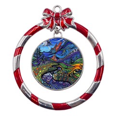 Psychedelic Landscape Metal Red Ribbon Round Ornament by Cowasu