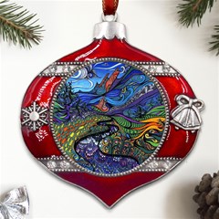 Psychedelic Landscape Metal Snowflake And Bell Red Ornament