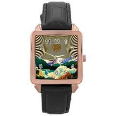 Surreal Art Psychadelic Mountain Rose Gold Leather Watch  by Cowasu