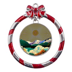 Surreal Art Psychadelic Mountain Metal Red Ribbon Round Ornament by Cowasu