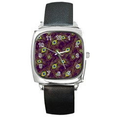 Peacock Feathers Pattern Square Metal Watch by Cowasu