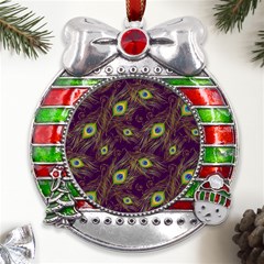 Peacock Feathers Pattern Metal X mas Ribbon With Red Crystal Round Ornament