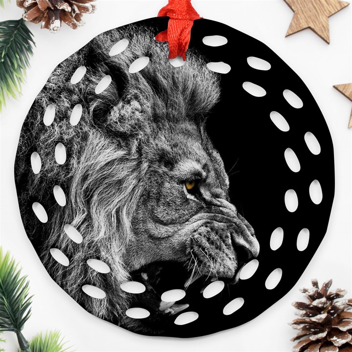 Angry Lion Black And White Round Filigree Ornament (Two Sides)