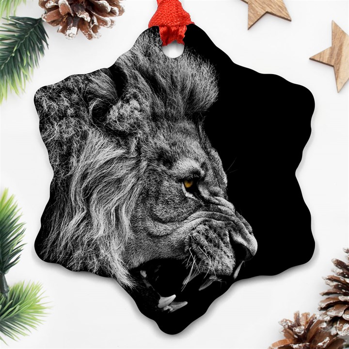 Angry Lion Black And White Snowflake Ornament (Two Sides)