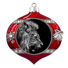 Angry Lion Black And White Metal Snowflake And Bell Red Ornament by Cowasu