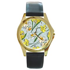 Narcissus Floral Botanical Flowers Round Gold Metal Watch by Cowasu